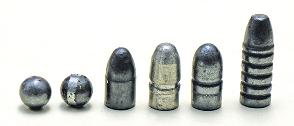 From left to right: Hornady #00 buckshot, #00 buckshot resized to .323 (note the belt around the round ball), the BCS 109-grain Nambu bullet, Matt’s 125-grain RN Cadet bullet, the BCS 125-grain RN Cadet Bullet and the 180-grain BCS FN bullet.
